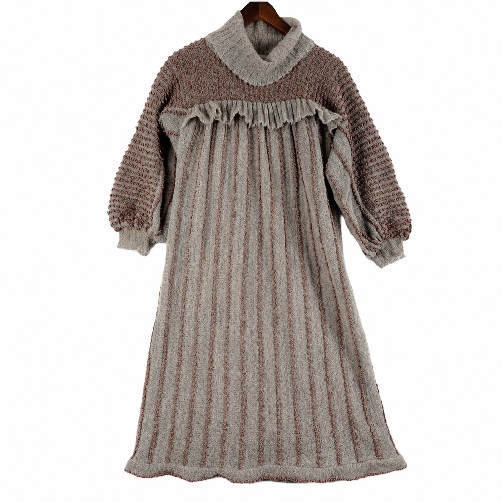 Rare‎ 70s French Hand-Knit Wool Prairie Midi Dress Chaumière aux Tricots Paris M